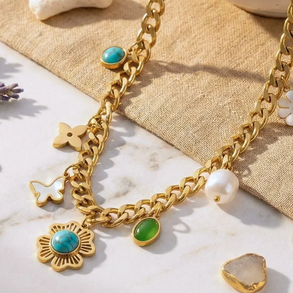 Chunky 18K Gold Plated TrendybNecklace Colorful Charms Pearl Accents Y2K Style